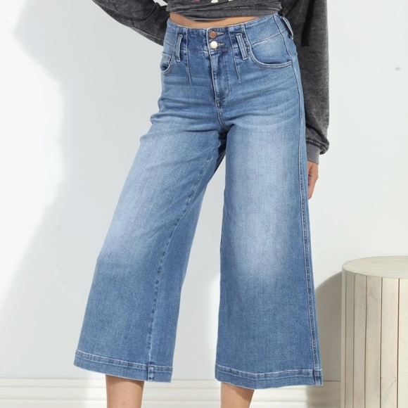 Level 99 Selena Wide Leg Denim Jeans Sz 26 Cropped High Rise Vacation Coastal